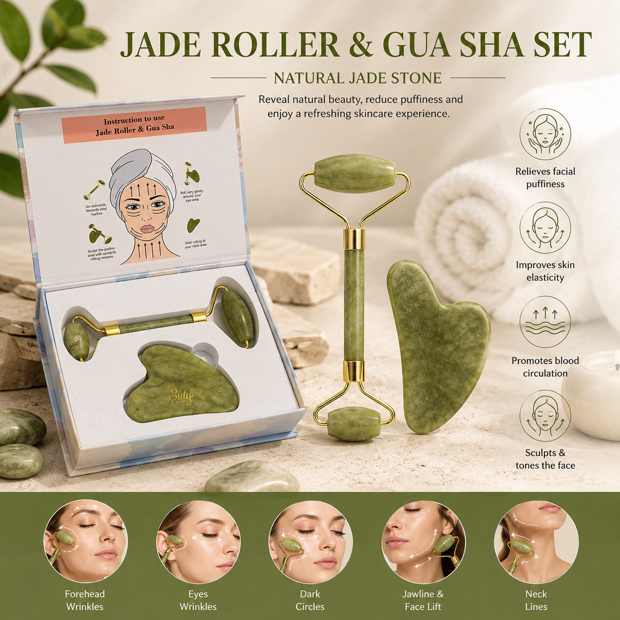 Premium Jade Roller & Gua Sha Facial Massage Set