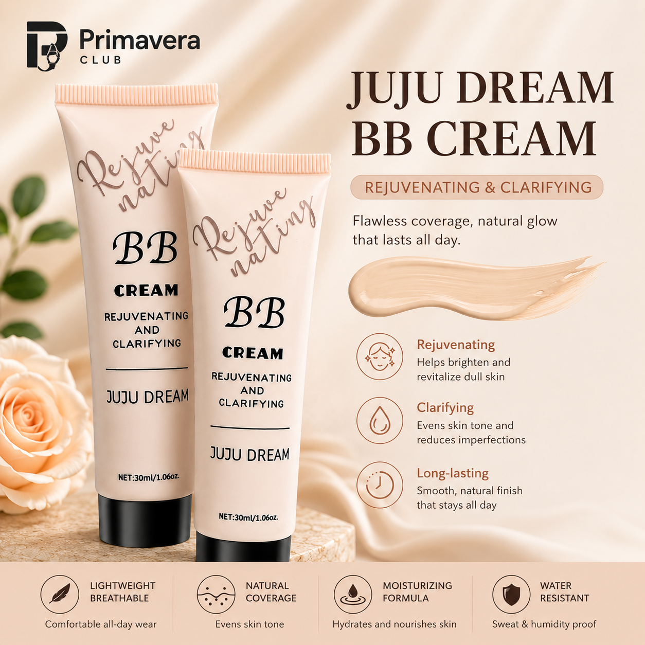 JUJU DREAM BB Cream – Lightweight Full Coverage Hydrating Foundation Makeup