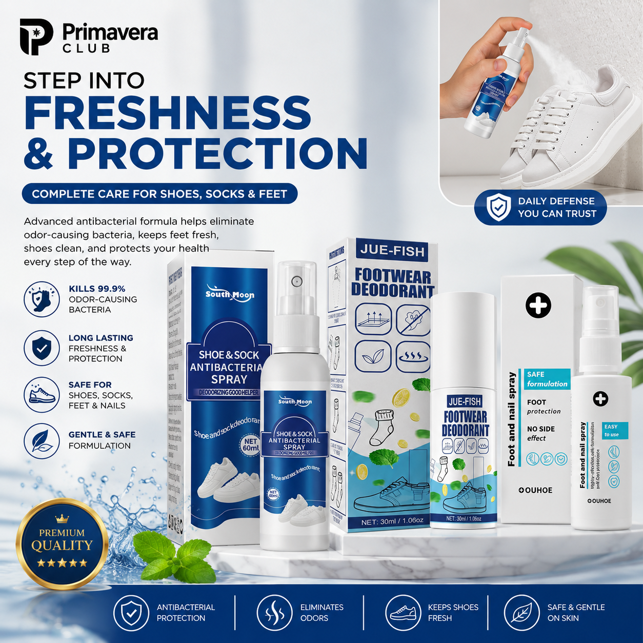 Primavera Club Shoe & Foot Antibacterial Spray Set – Odor Eliminator & Footwear Deodorizer