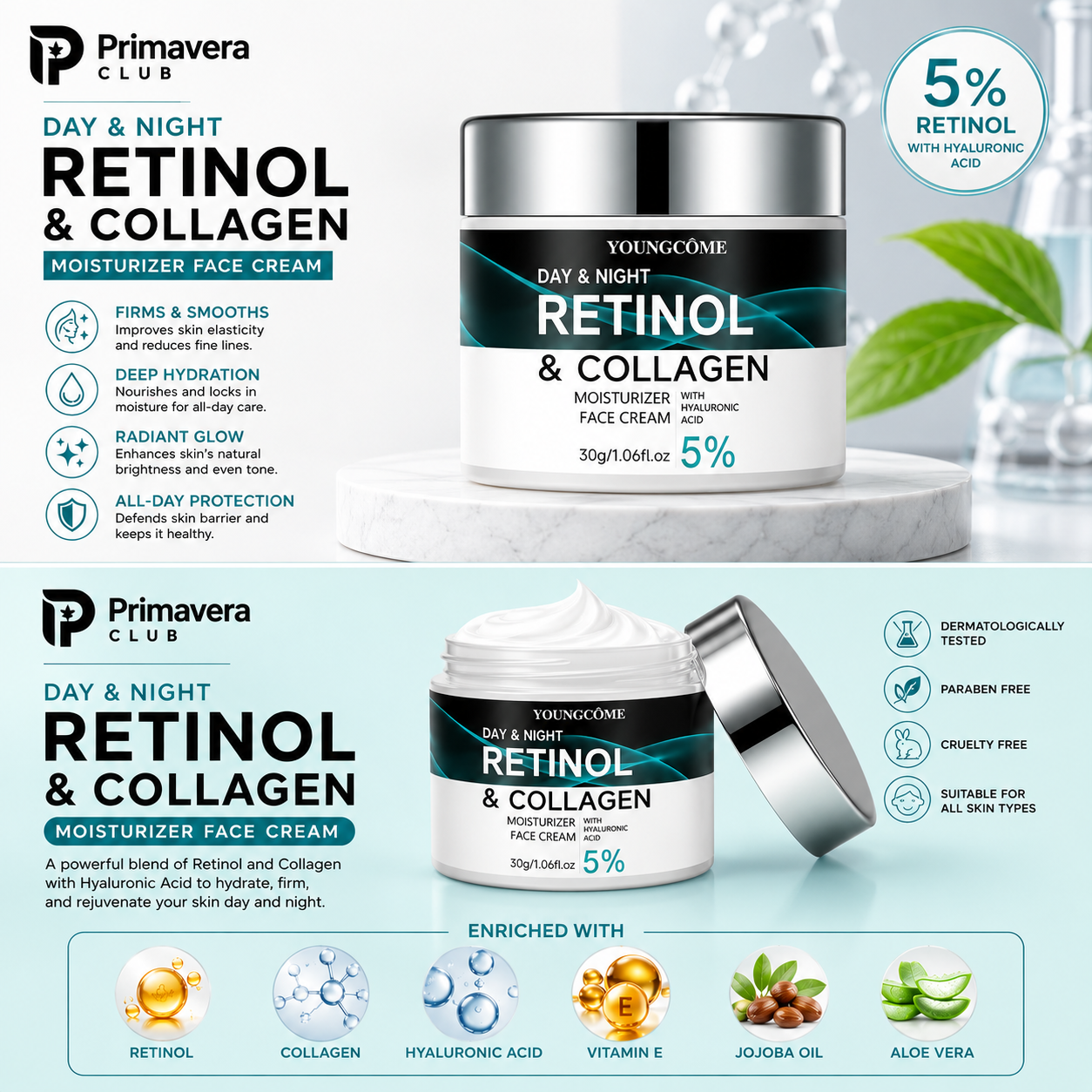 YoungCôme Retinol & Collagen Face Cream – 5% Retinol Anti-Aging Day & Night Moisturizer