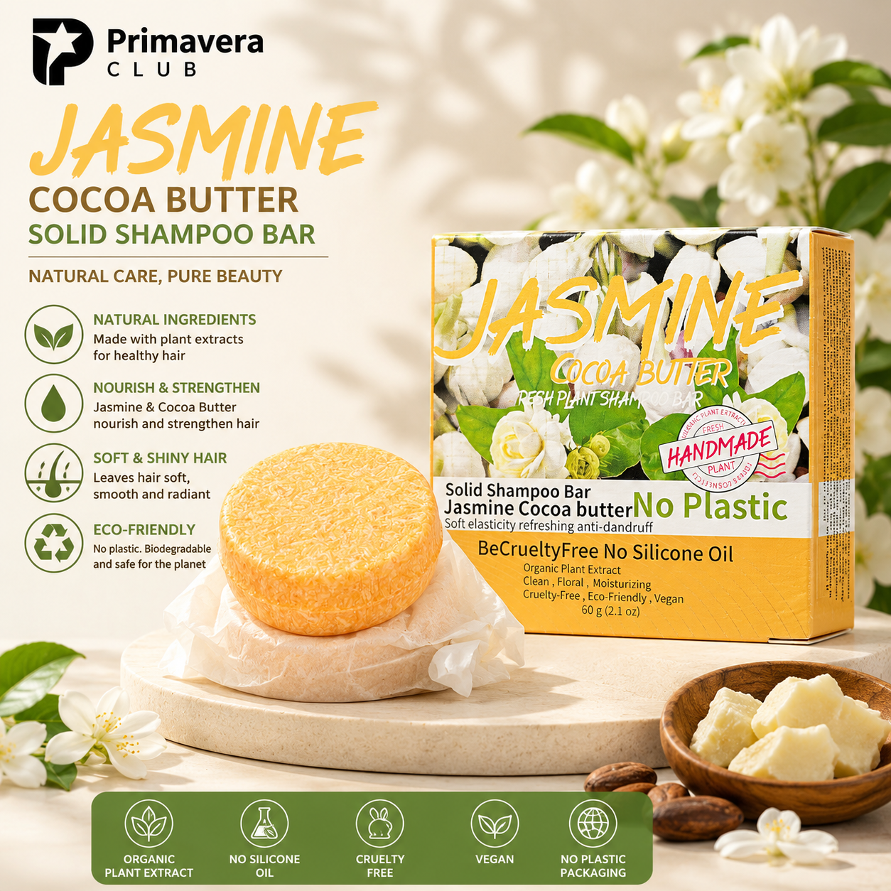 Primavera Club Jasmine Cocoa Butter Solid Shampoo Bar – Natural Vegan Hair Care for Soft & Healthy
