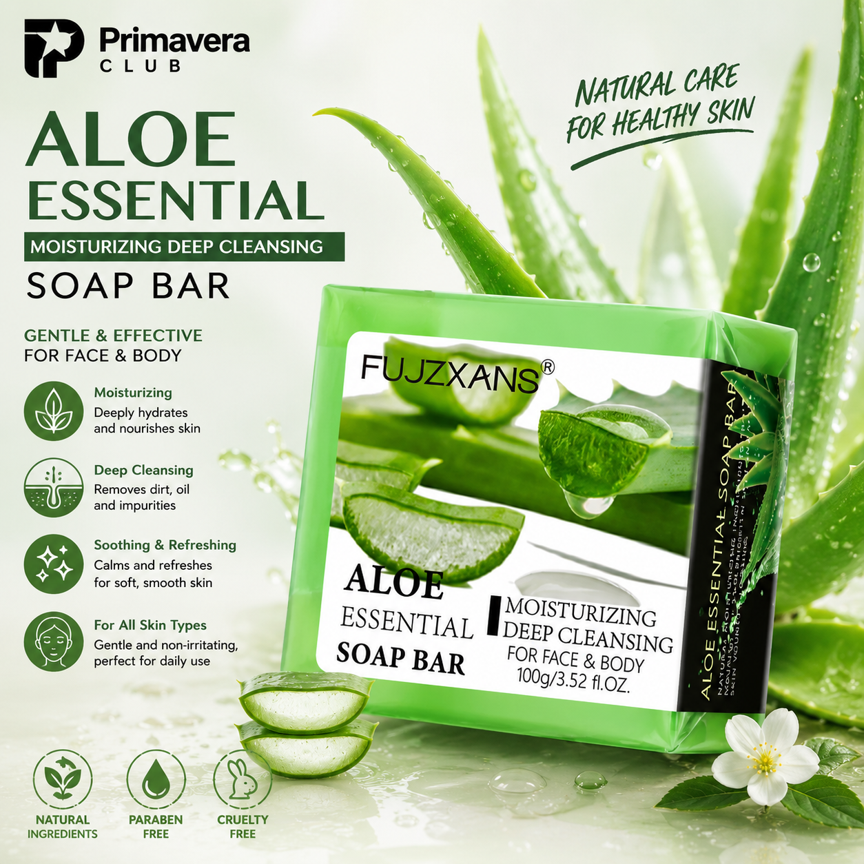 Primavera Club Aloe Essential Soap Bar – Deep Cleansing & Moisturizing Face & Body Soap