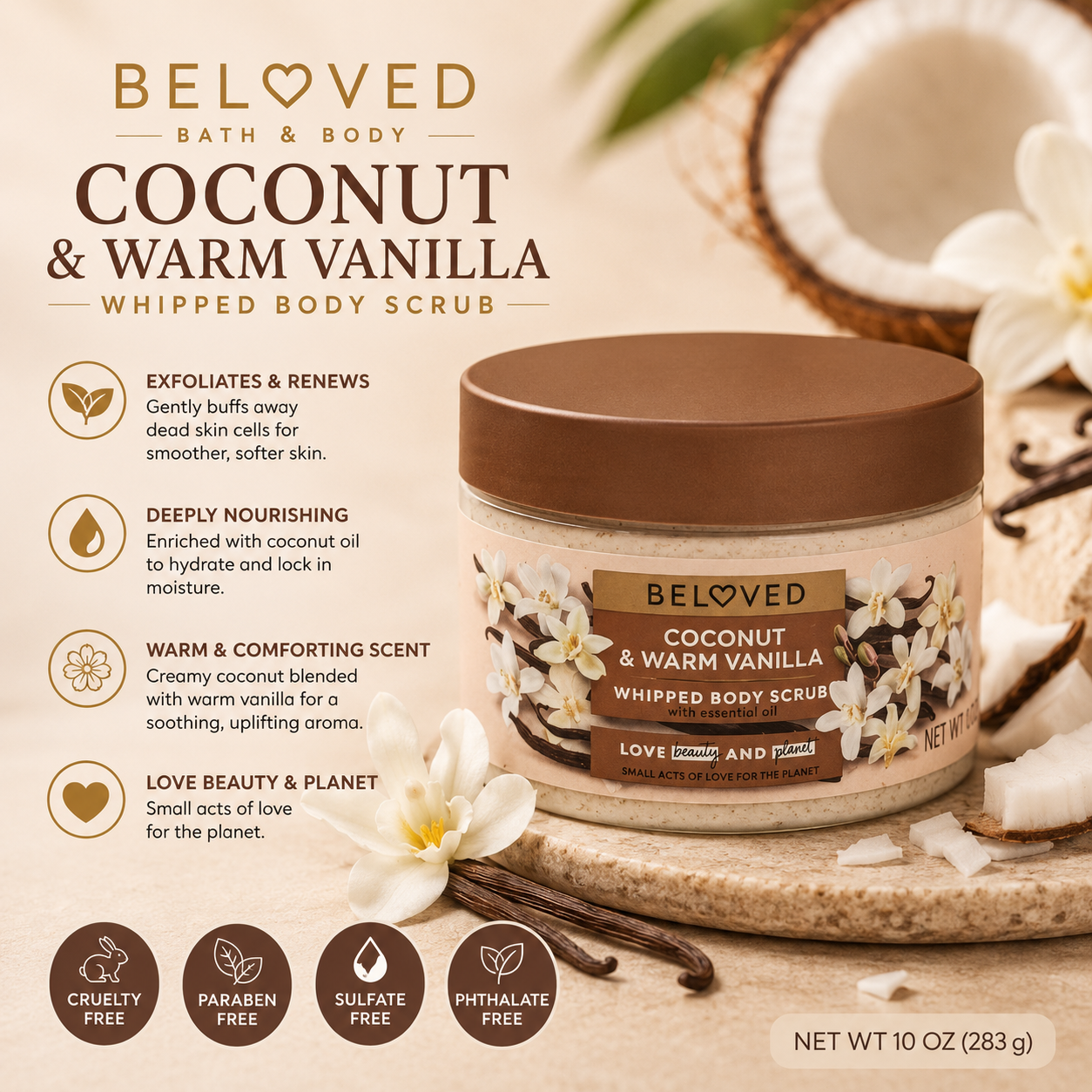 Beloved Coconut & Warm Vanilla| Whipped Body Scrub| 10oz