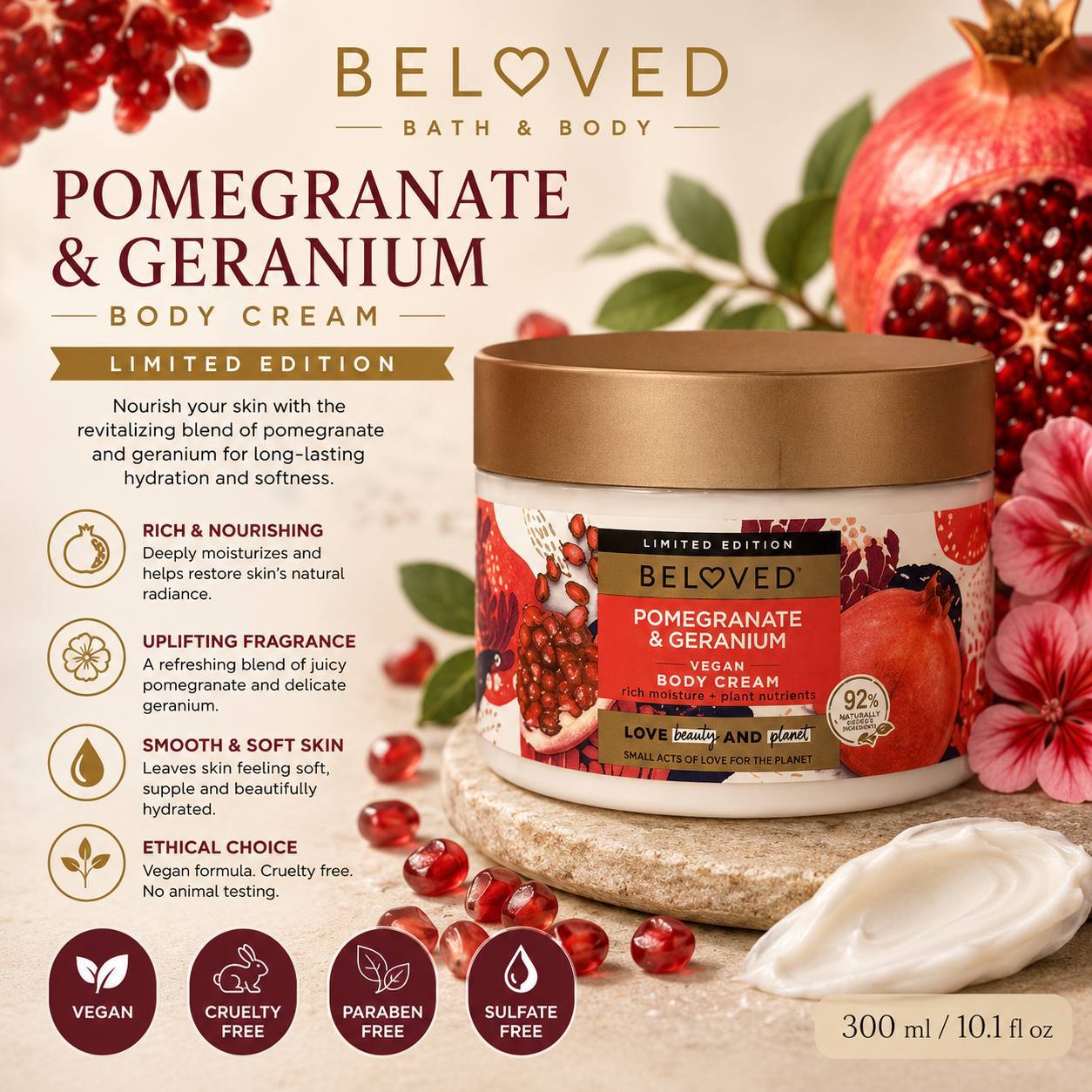 Love beauty and planet beloved vegan Body cream pomegranate & Geranium
